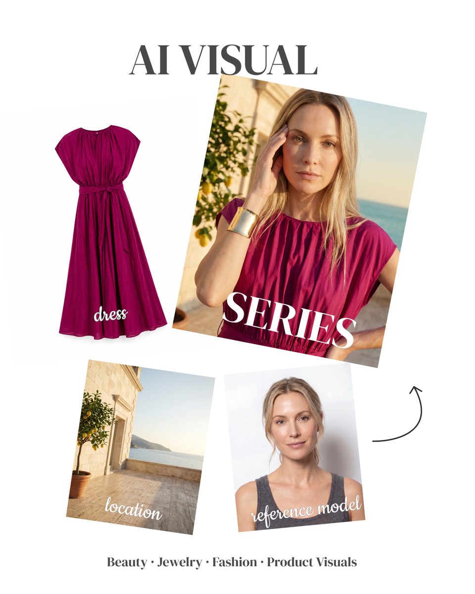 Reference collage with a burgundy dress and campaign portraits