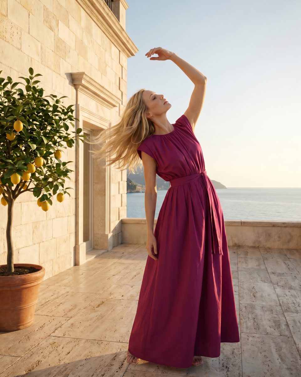 Model wearing a burgundy dress on a sunny terrace