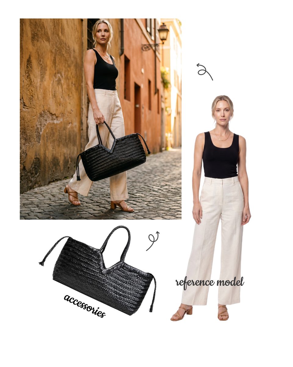 Reference collage with a black handbag and model