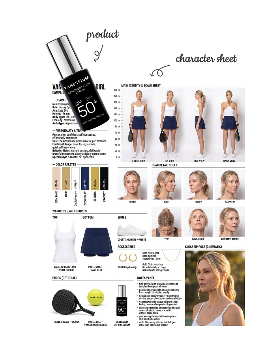 Reference sheet with SPF serum and an AI campaign model