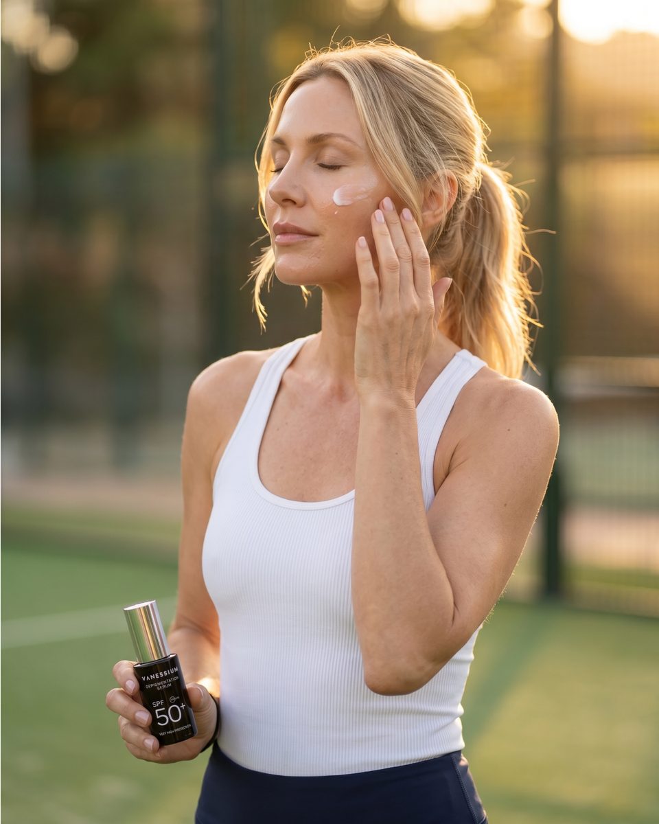 Model applying serum to her cheek