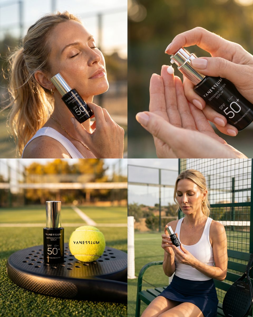 Collage of serum application, product details and the model