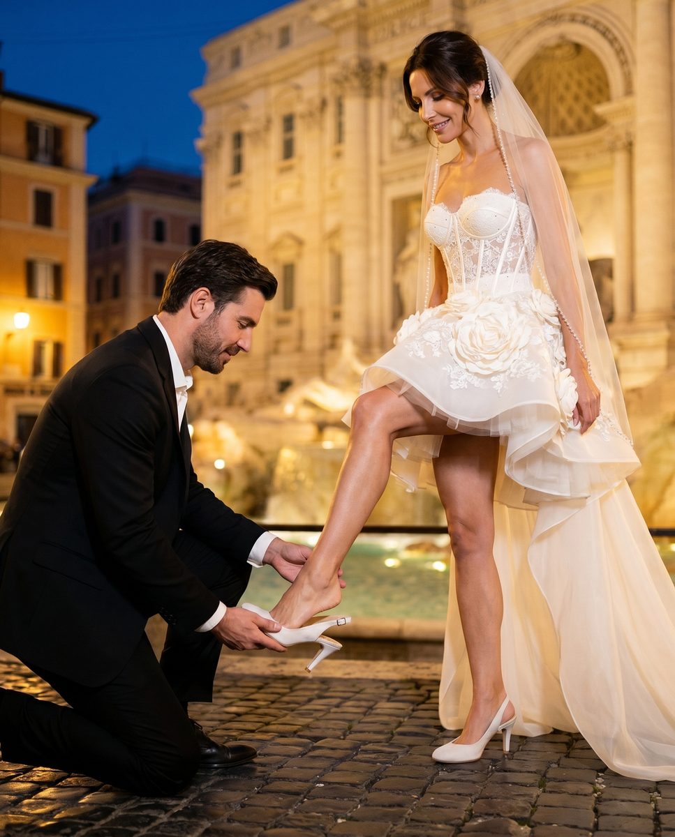 Groom helping the bride put on a white shoe