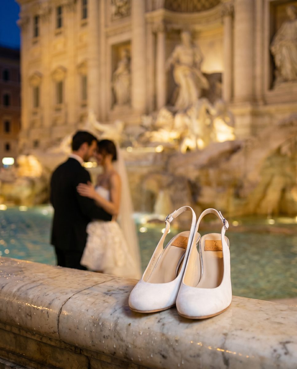 White bridal shoes in the foreground with a couple by a fountain
